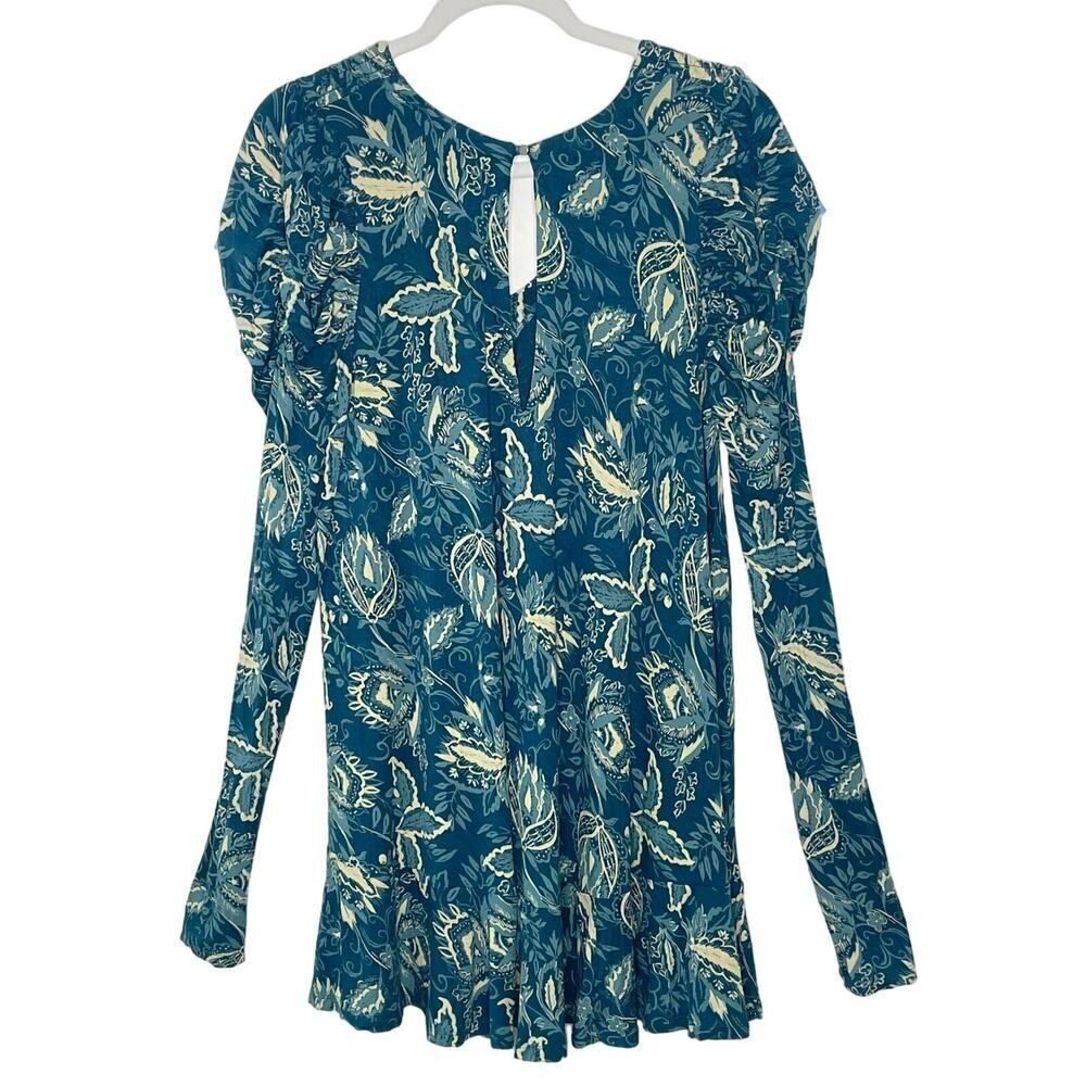Free People Aqua Blue Baroque Boho Flowy Long Sleeve Top Size Small